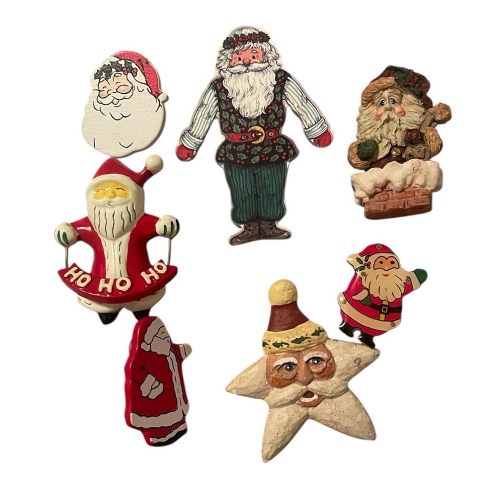 Vintage Christmas Santa Pins Lot of 7 Wood Resin Metal Holiday Brooches Star